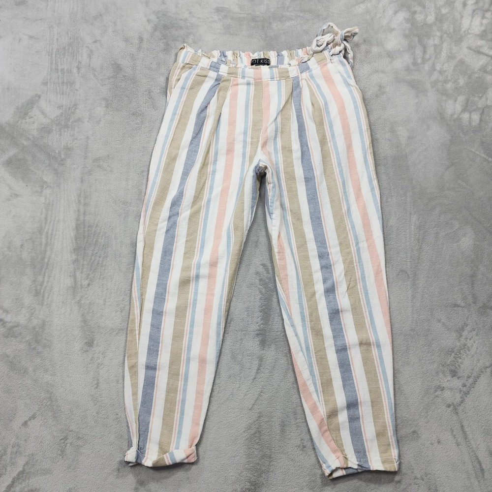 Hot Kiss Pants Women L Multicolor Stripe Paperbag Tie Waist Cuffed Cotton Casual